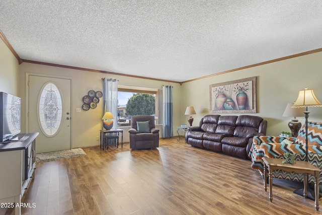 living room with ornamental molding, a textured ceiling, and light hardwood / wood-style floors