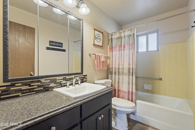 full bathroom with decorative backsplash, vanity, shower / bath combination with curtain, and toilet