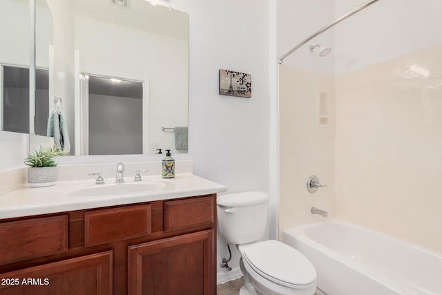 bathroom with toilet, shower / tub combination, visible vents, and vanity