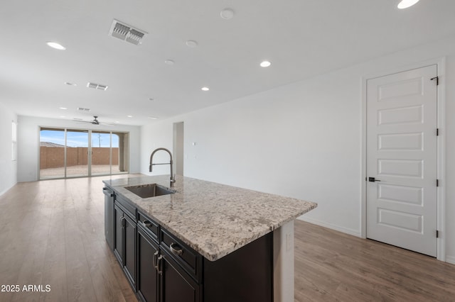 kitchen featuring light stone counters, light hardwood / wood-style floors, a kitchen island with sink, and sink