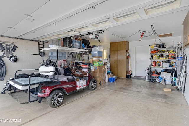 garage featuring a garage door opener and concrete block wall