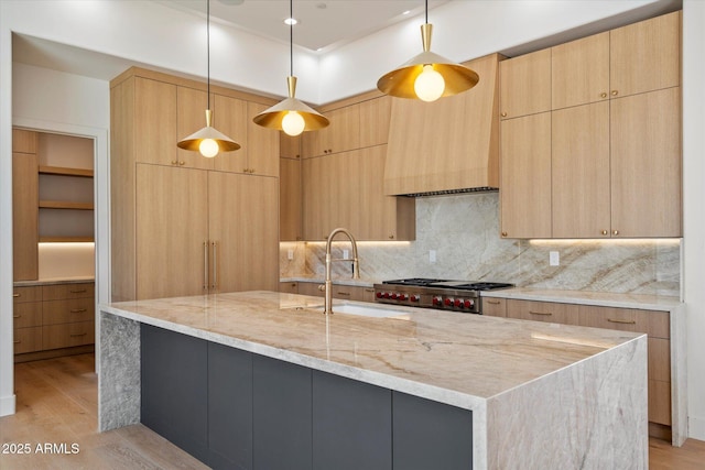 6202 E Larkspur Dr, Scottsdale, AZ 85254 - kitchen featuring a sink, modern cabinets, light stone counters, and light wood-type flooring