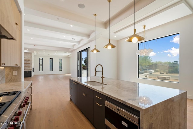 6202 E Larkspur Dr, Scottsdale, AZ 85254 - kitchen with a sink, open floor plan, stainless steel appliances, light wood-style flooring, and recessed lighting