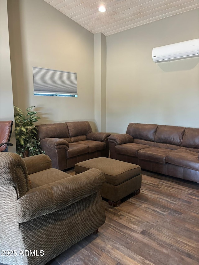 living room featuring wooden ceiling, dark hardwood / wood-style floors, and a wall mounted air conditioner