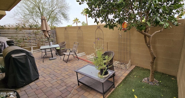 view of patio featuring outdoor dining space, a fenced backyard, and a grill