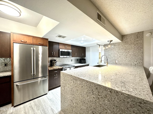kitchen with a sink, a peninsula, stainless steel appliances, visible vents, and backsplash