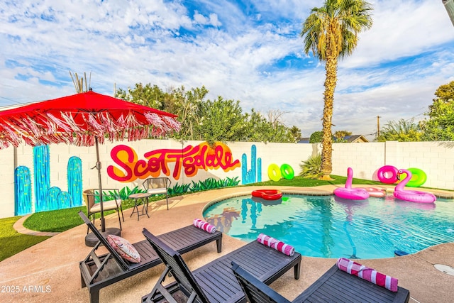 view of swimming pool featuring a patio area