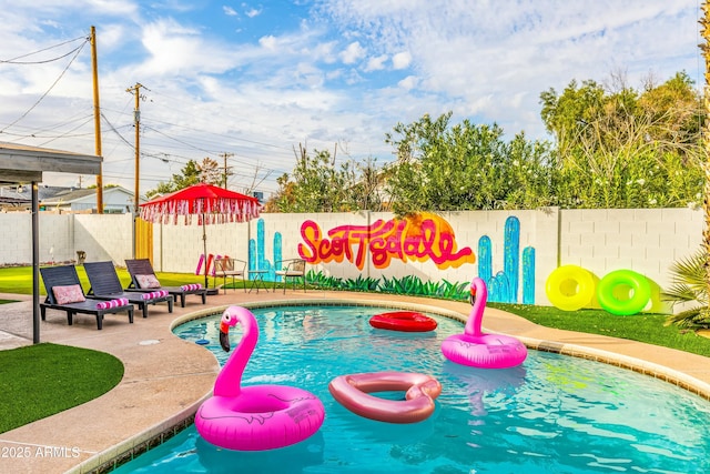 view of swimming pool with a patio