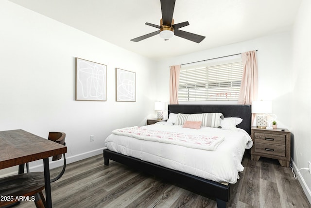 bedroom featuring dark wood-type flooring and ceiling fan