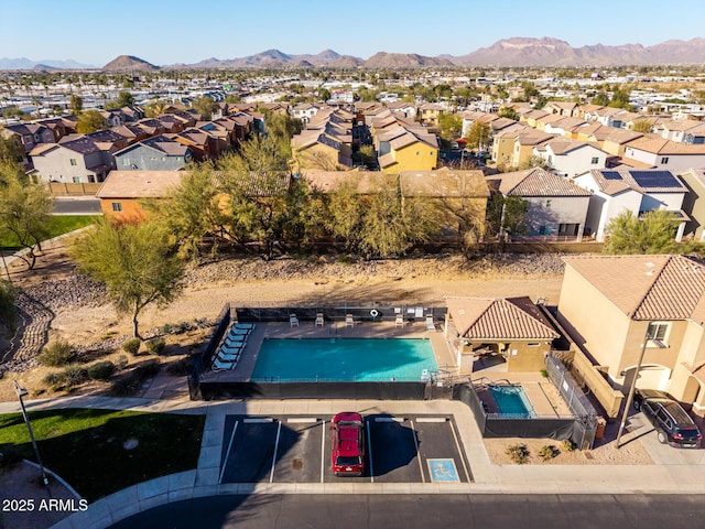 aerial view featuring a residential view and a mountain view