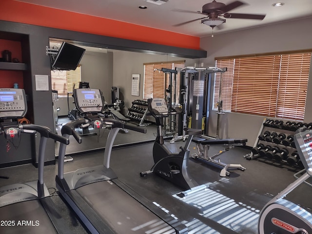 workout area with ceiling fan