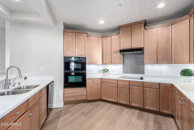 kitchen featuring black appliances, sink, and light hardwood / wood-style floors