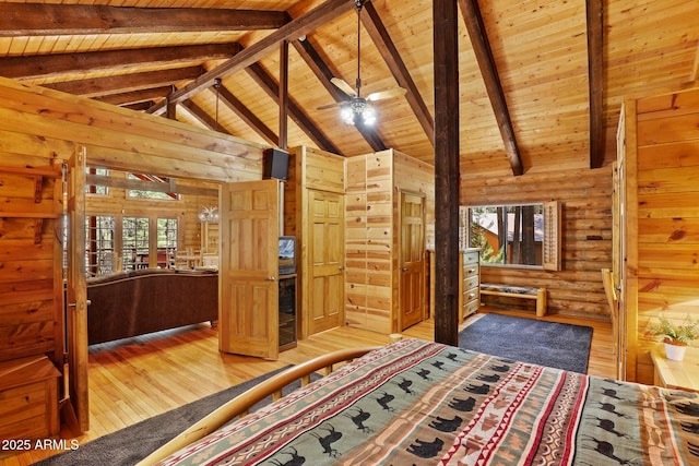 1868 Flicker Dr, Forest Lakes, AZ 85931 - bedroom with wood ceiling, hardwood / wood-style flooring, and wood walls