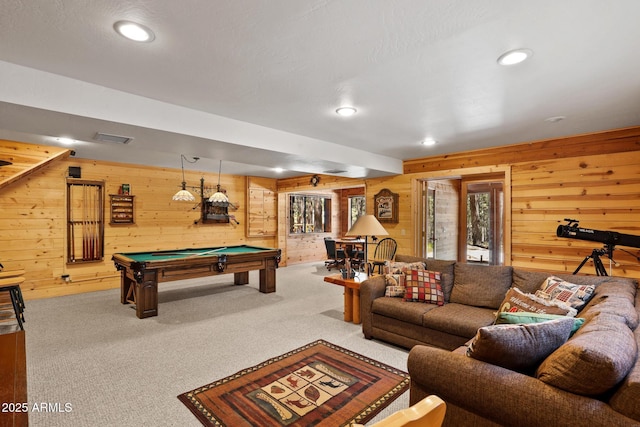 1868 Flicker Dr, Forest Lakes, AZ 85931 - game room featuring wooden walls, healthy amount of natural light, billiards, recessed lighting, and carpet flooring