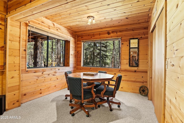 1868 Flicker Dr, Forest Lakes, AZ 85931 - carpeted dining room featuring wooden walls and wood ceiling