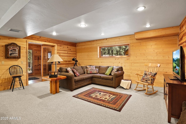 1868 Flicker Dr, Forest Lakes, AZ 85931 - living area with carpet, wood walls, and recessed lighting