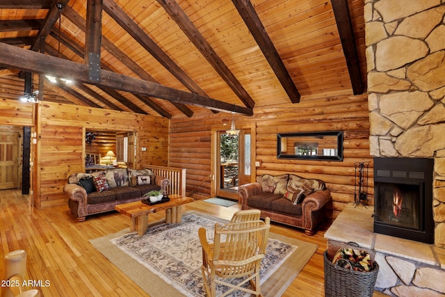 1868 Flicker Dr, Forest Lakes, AZ 85931 - living area featuring wood ceiling with exposed beams, hardwood / wood-style floors, a fireplace, and high vaulted ceiling