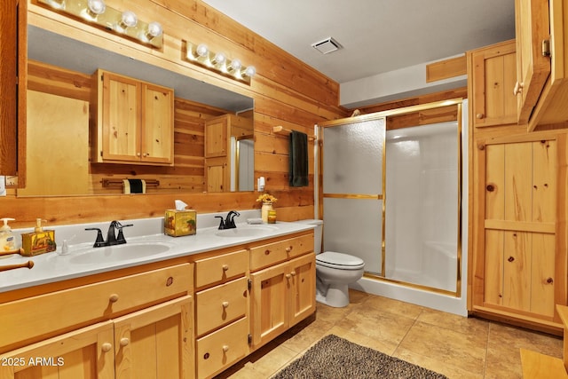 1868 Flicker Dr, Forest Lakes, AZ 85931 - full bathroom with wood walls, a stall shower, toilet, double vanity, and tile patterned flooring