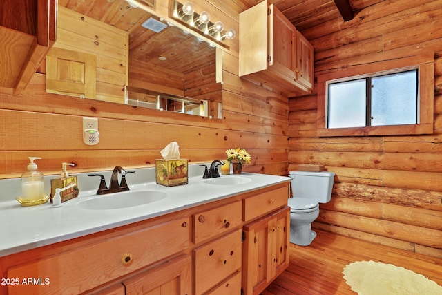 1868 Flicker Dr, Forest Lakes, AZ 85931 - full bathroom featuring wood ceiling, toilet, double vanity, wood finished floors, and log walls