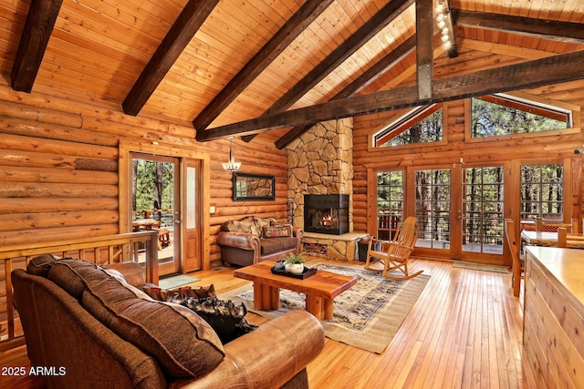 1868 Flicker Dr, Forest Lakes, AZ 85931 - living room featuring wooden ceiling with exposed beams, rustic walls, a stone fireplace, high vaulted ceiling, and light wood finished floors