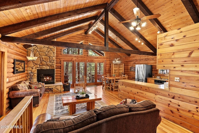 1868 Flicker Dr, Forest Lakes, AZ 85931 - living room with wood ceiling with exposed beams, hardwood / wood-style flooring, a stone fireplace, ceiling fan, and rustic walls