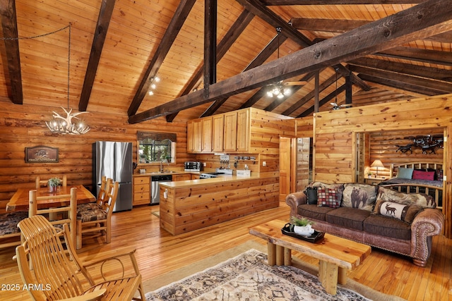 1868 Flicker Dr, Forest Lakes, AZ 85931 - living room featuring wooden ceiling, light wood-style floors, and log walls