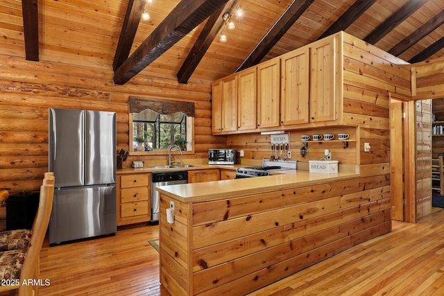 1868 Flicker Dr, Forest Lakes, AZ 85931 - kitchen featuring stainless steel appliances, wood ceiling, light brown cabinetry, light countertops, and a peninsula