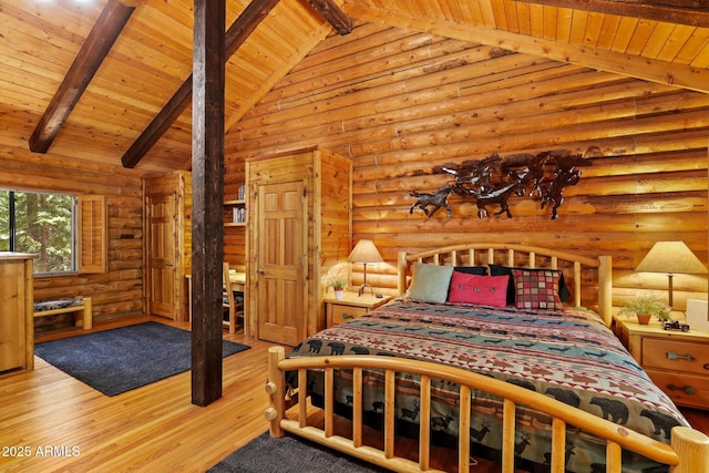 1868 Flicker Dr, Forest Lakes, AZ 85931 - bedroom featuring rustic walls, wood ceiling with exposed beams, and wood finished floors