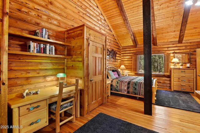 1868 Flicker Dr, Forest Lakes, AZ 85931 - bedroom featuring wooden ceiling, rustic walls, hardwood / wood-style flooring, and an office area