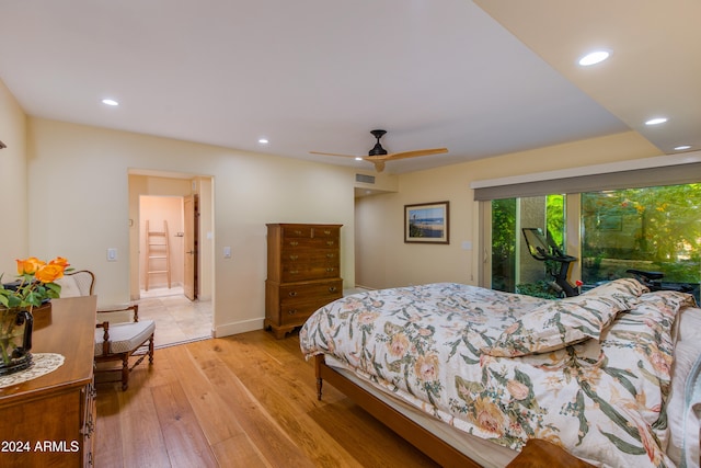 bedroom with access to outside, light wood-type flooring, and ceiling fan