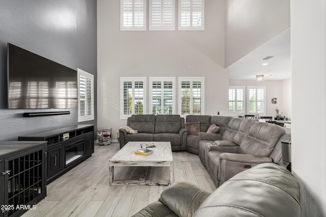 living room featuring a towering ceiling and light hardwood / wood-style floors