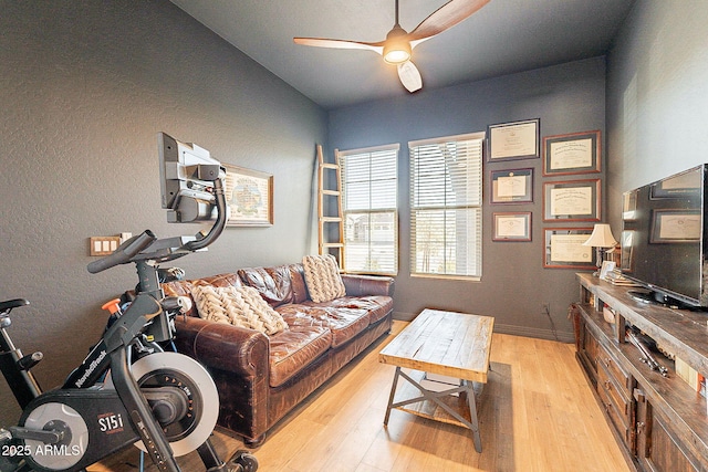 living room featuring ceiling fan, light wood-style flooring, and baseboards