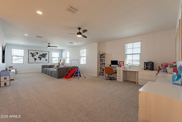 rec room featuring recessed lighting, light carpet, visible vents, and baseboards