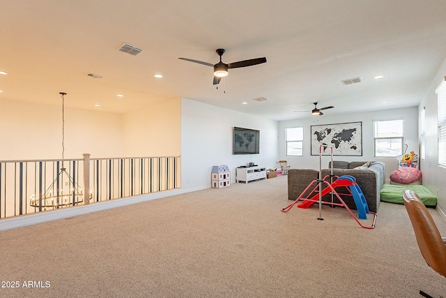 recreation room featuring carpet floors, visible vents, a ceiling fan, and recessed lighting