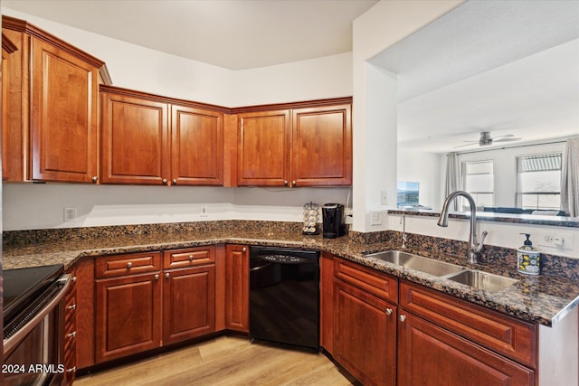 kitchen with sink, light hardwood / wood-style flooring, ceiling fan, stainless steel electric range oven, and black dishwasher