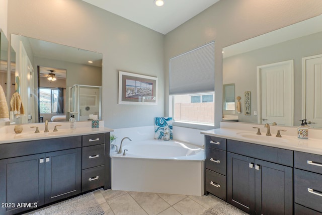 bathroom with vanity, tile patterned flooring, ceiling fan, and plenty of natural light