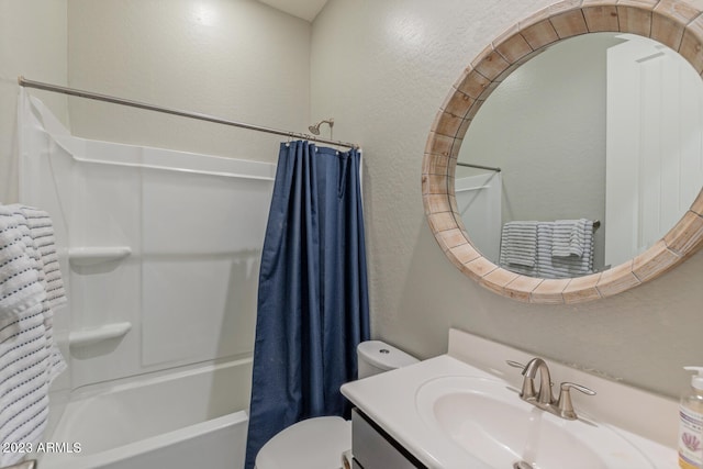 full bathroom with toilet, vanity, and shower / tub combo with curtain