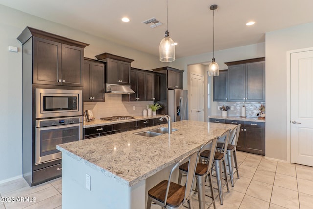 kitchen featuring appliances with stainless steel finishes, pendant lighting, a center island with sink, and sink