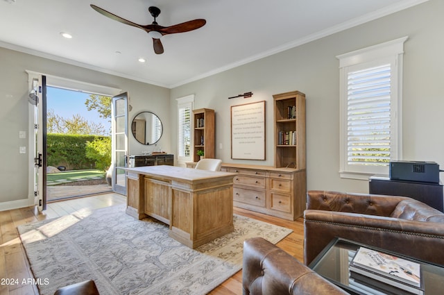 office space with crown molding, light hardwood / wood-style flooring, and ceiling fan