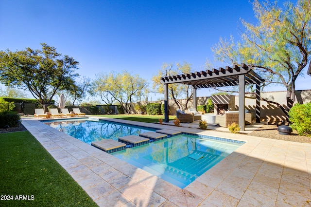 view of pool with a pergola, a patio, and an outdoor hangout area