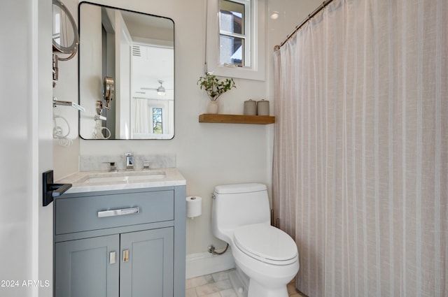 bathroom featuring a shower with curtain, vanity, ceiling fan, and toilet