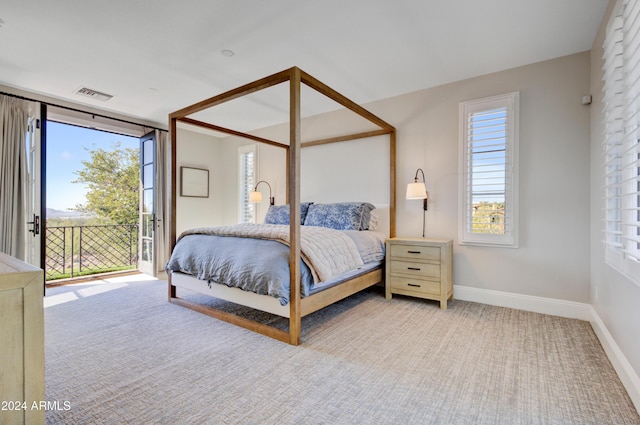 bedroom with access to exterior, light carpet, and multiple windows