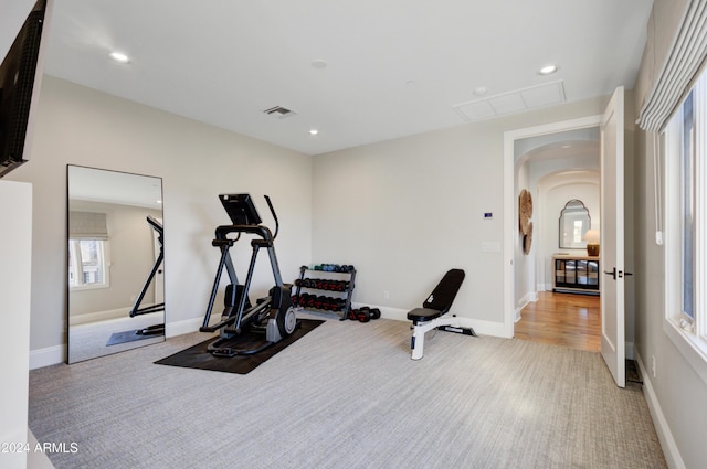 10191 E Diamond Rim Dr Unit 2122, Scottsdale, AZ 85255 - workout room with arched walkways, carpet floors, recessed lighting, and baseboards