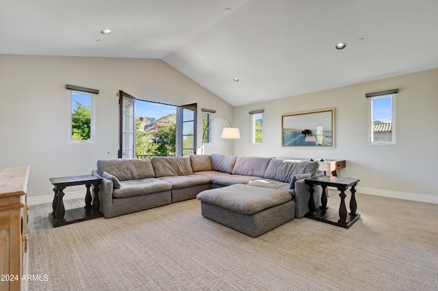 10191 E Diamond Rim Dr Unit 2122, Scottsdale, AZ 85255 - carpeted living area featuring baseboards, lofted ceiling, and recessed lighting
