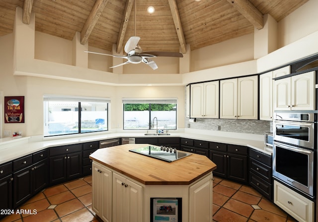 kitchen featuring wooden ceiling, high vaulted ceiling, sink, black electric cooktop, and a kitchen island