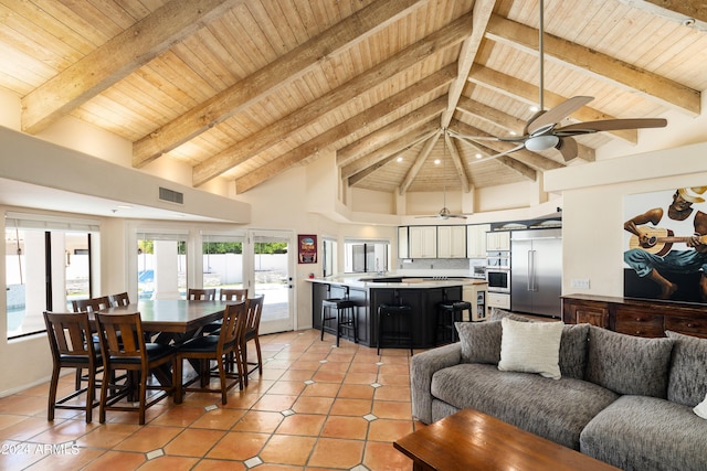 tiled living room featuring beamed ceiling, high vaulted ceiling, ceiling fan, and wood ceiling