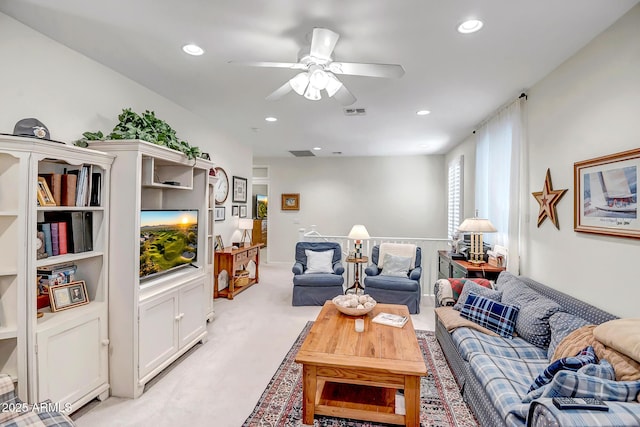 3336 W King Dr, Anthem, AZ 85086 - living room featuring light colored carpet, a ceiling fan, and recessed lighting