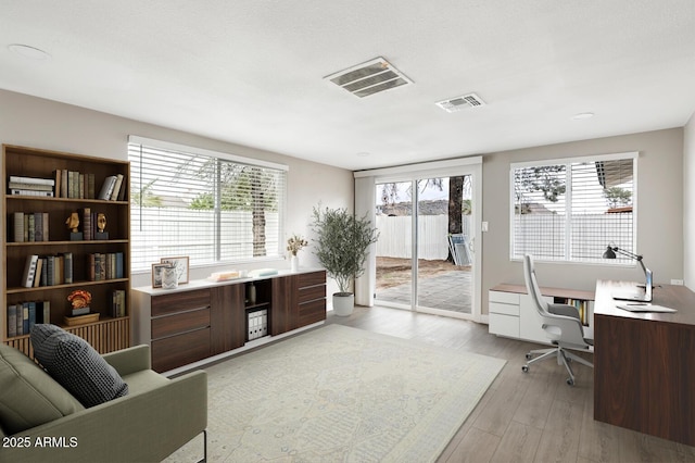 office area featuring visible vents and light wood-style flooring