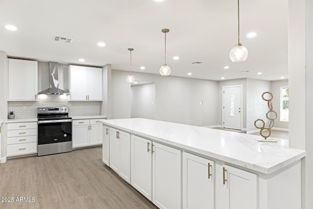 kitchen featuring tasteful backsplash, visible vents, stainless steel range with electric cooktop, white cabinetry, and wall chimney range hood