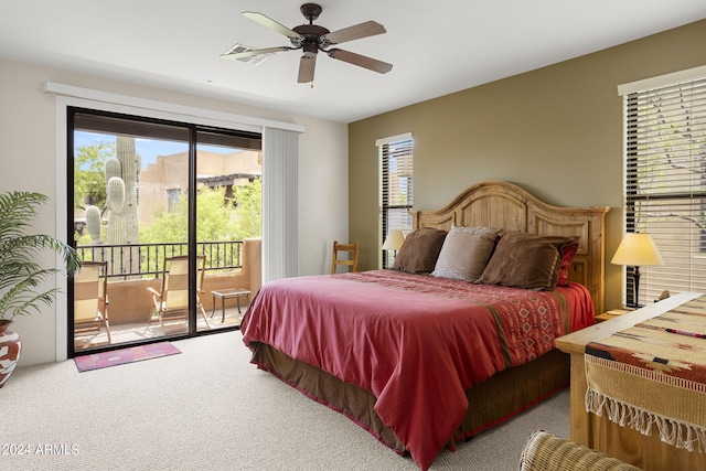 bedroom featuring access to exterior, ceiling fan, and carpet flooring